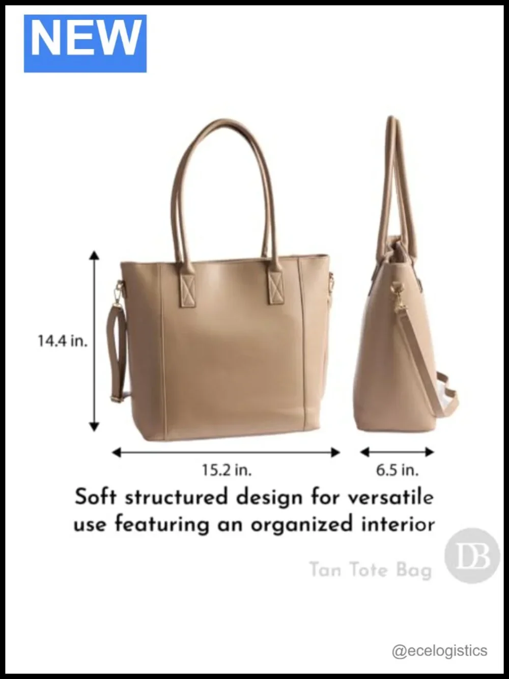Large Faux Leather Tote Bag with Pockets and Crossbody Strap